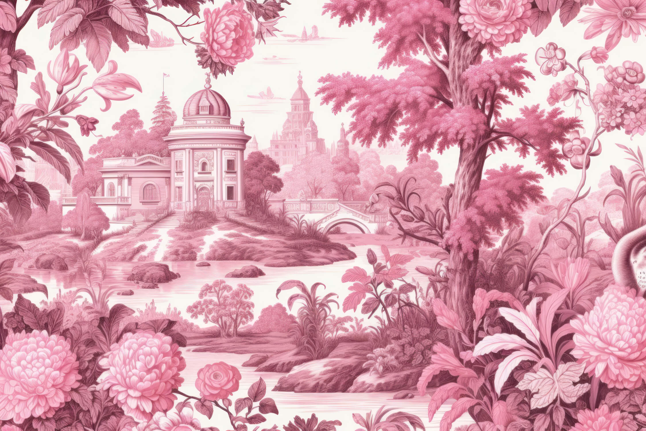 Bright Pink Toile Wallpaper | Murals Wallpaper