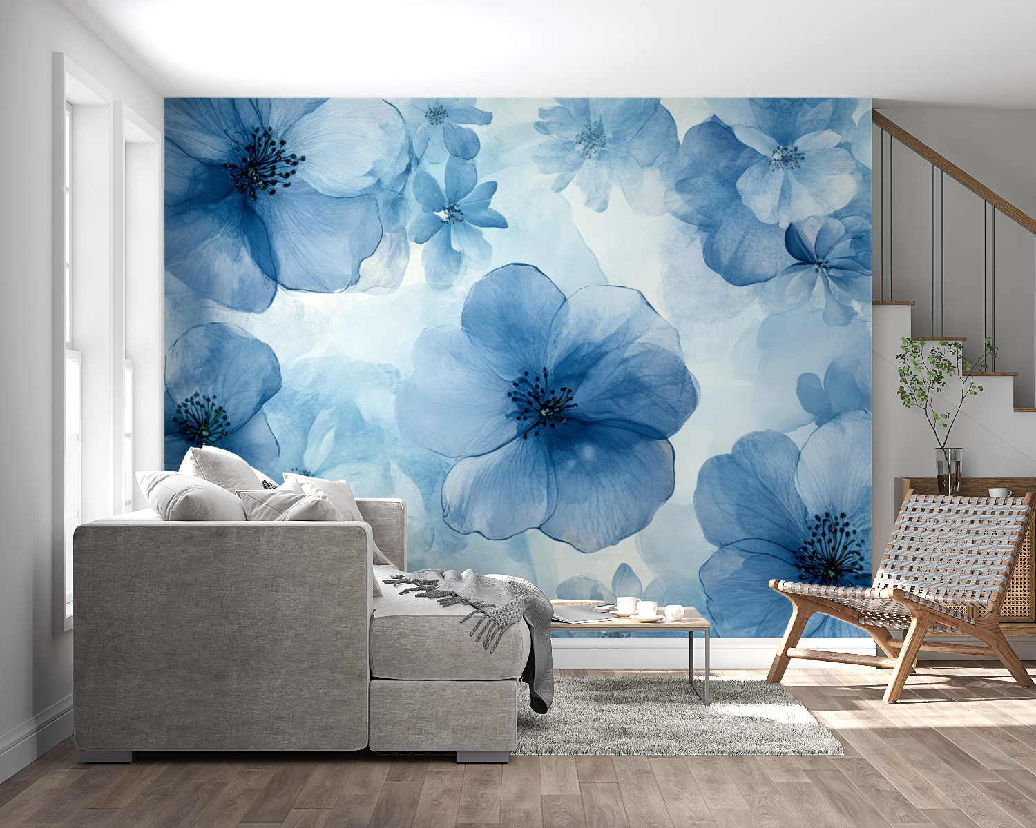 Papel de parede de aguarela floral azul translúcido | Murais Papel de parede