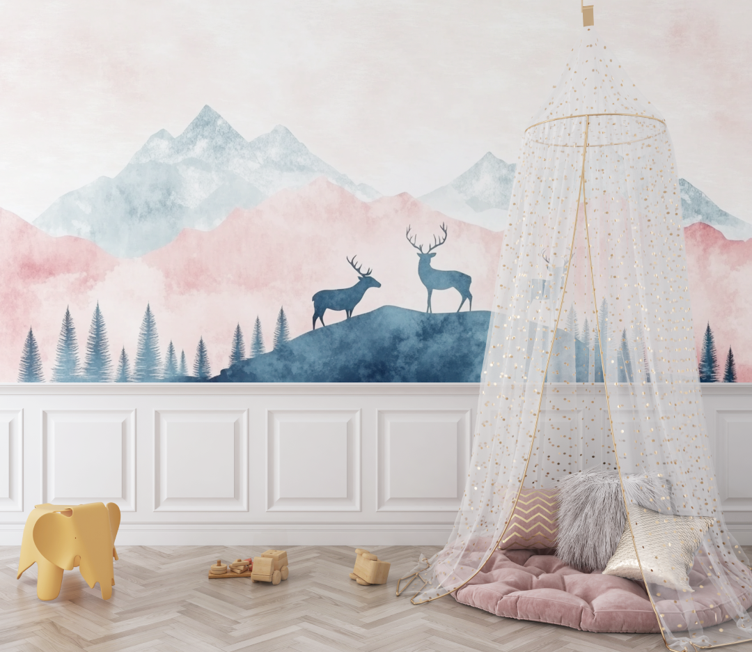 Classic Girl Wallpaper Deer and Mountain Design | Murals Wallpaper