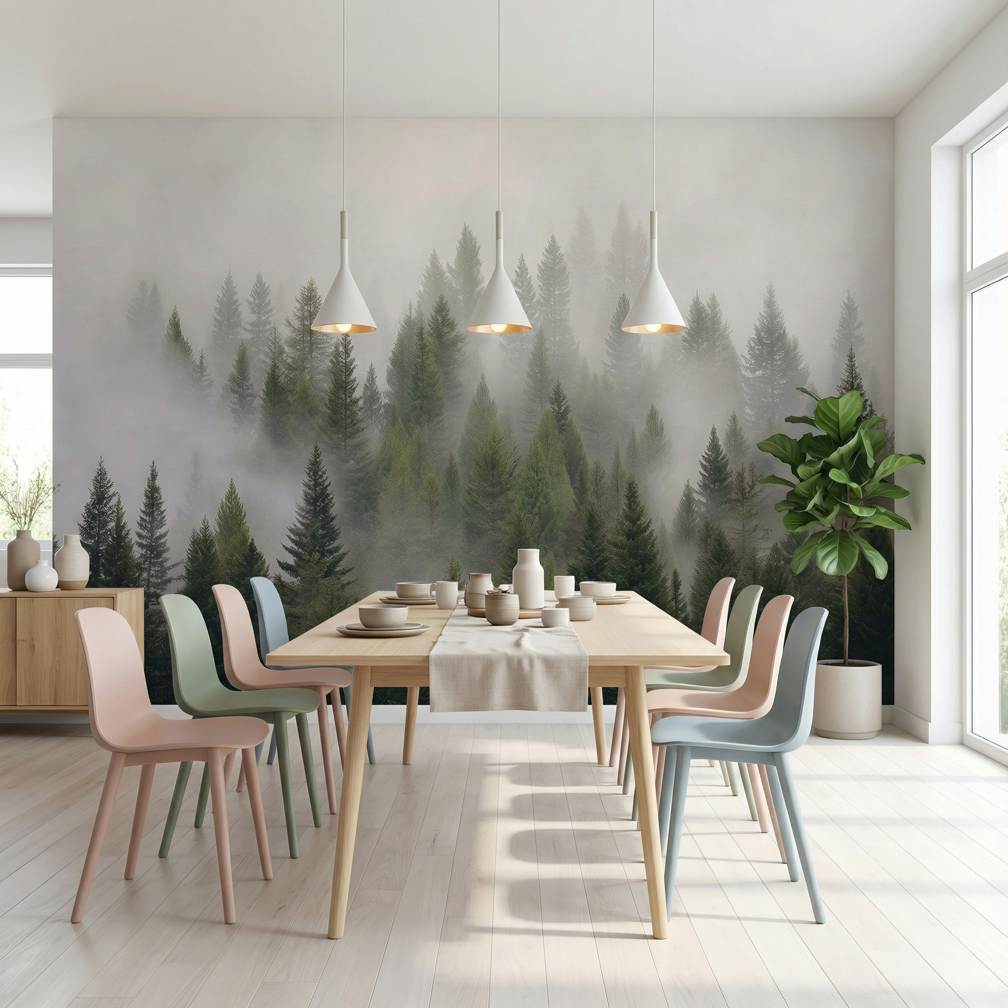 Misty Green Pine Forest Mural Wallpaper