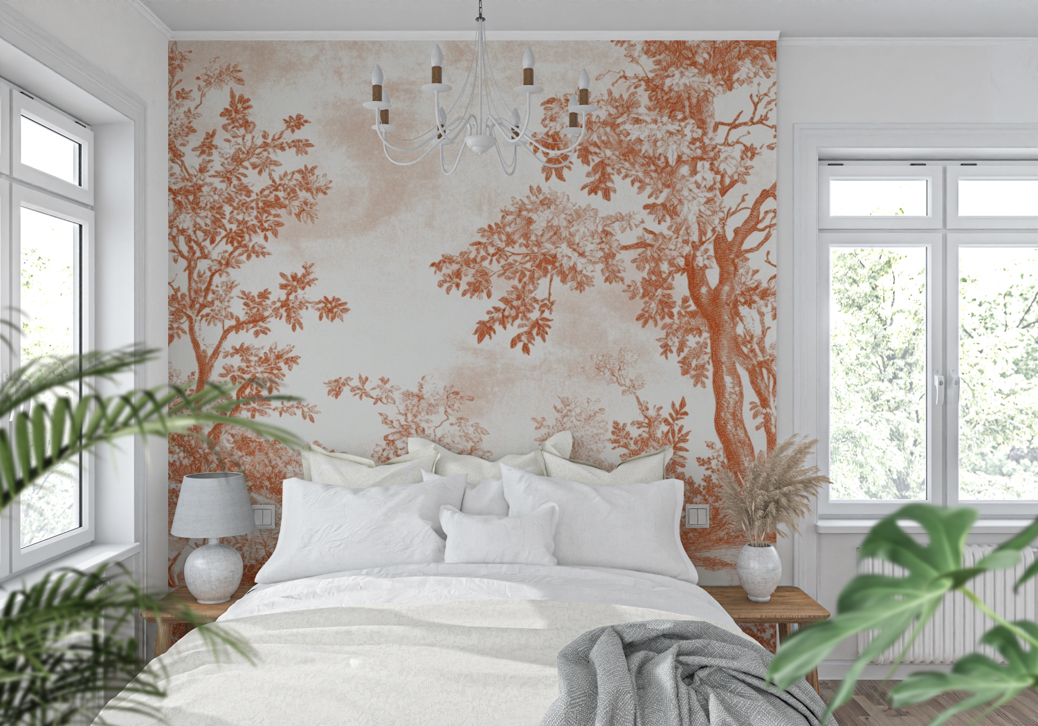 Terracotta Modern Toile de Jouy Wallpaper | Murals Wallpaper