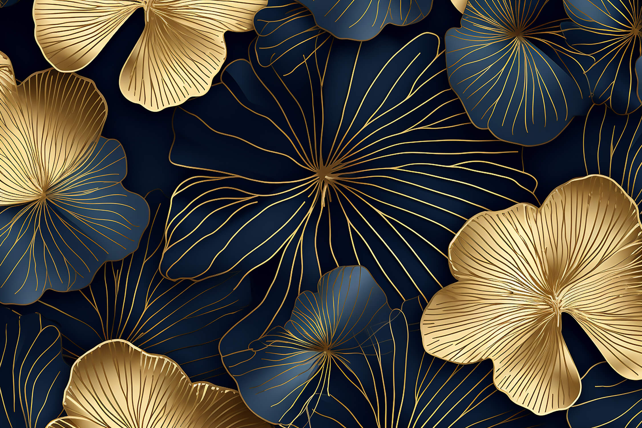 Art Deco Blue Wallpaper with Large Gold Flowers | Murals Wallpaper