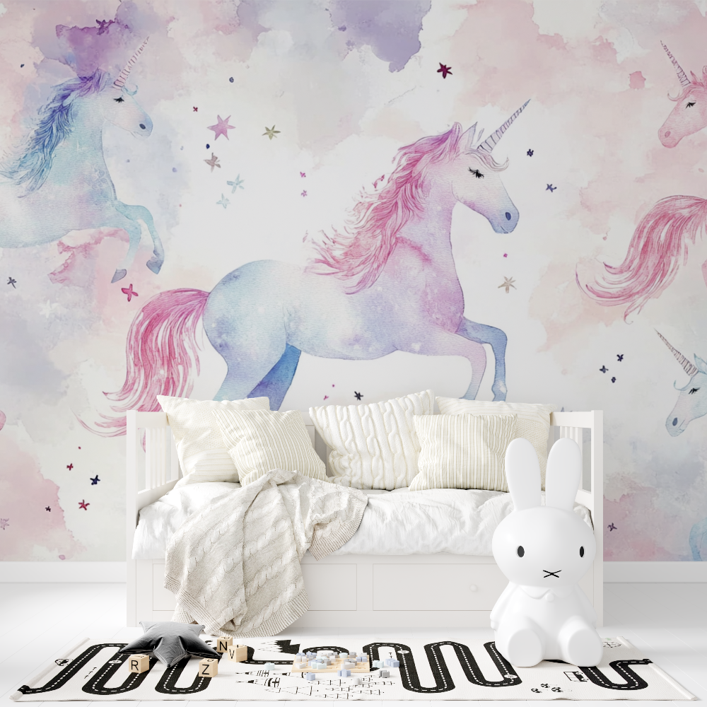 Einhorn-Muster Tapete für Babyzimmer | Wandbilder Tapete