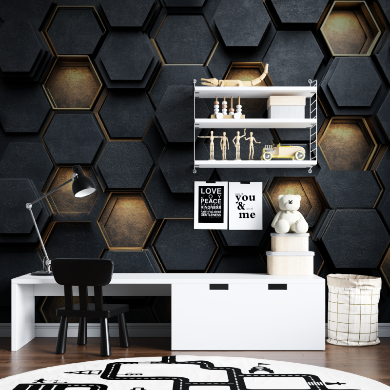 Gamer Hexagonal Tapete Schwarz und Gold | Wandbilder Tapete