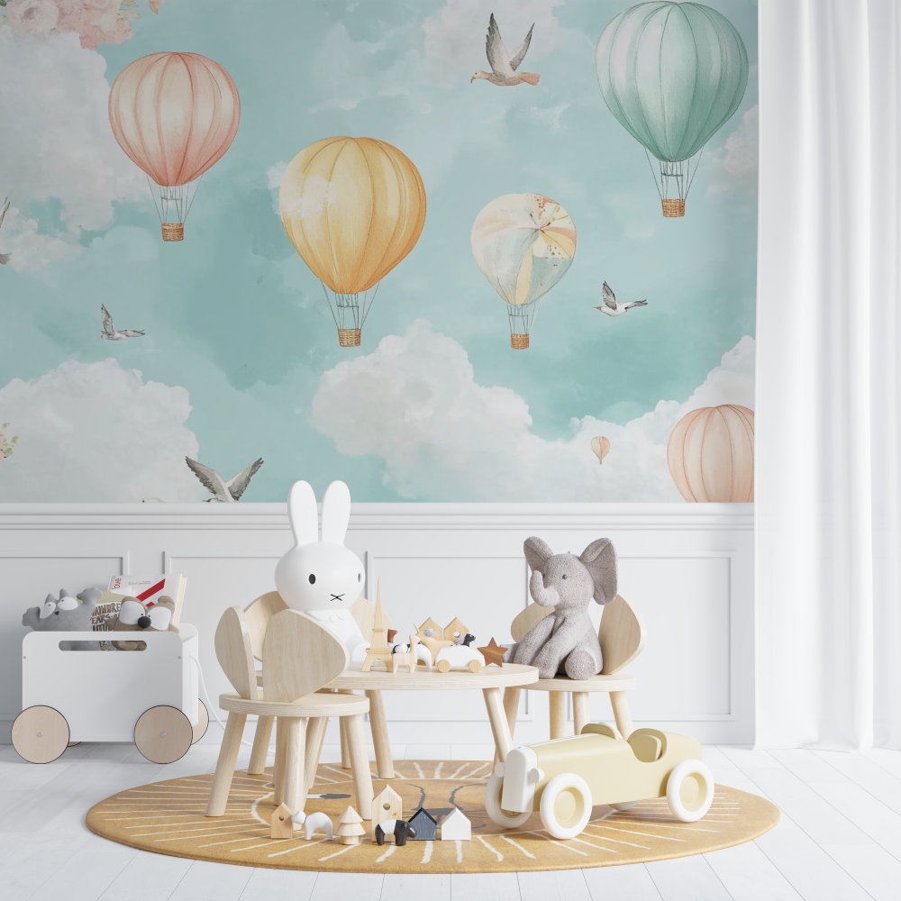 Heißluftballon und fliegende Vögel Tapete | Wandbilder Tapete