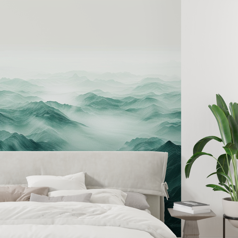 Bathroom Wallpaper Mountain Green Illustration | Murals Wallpaper