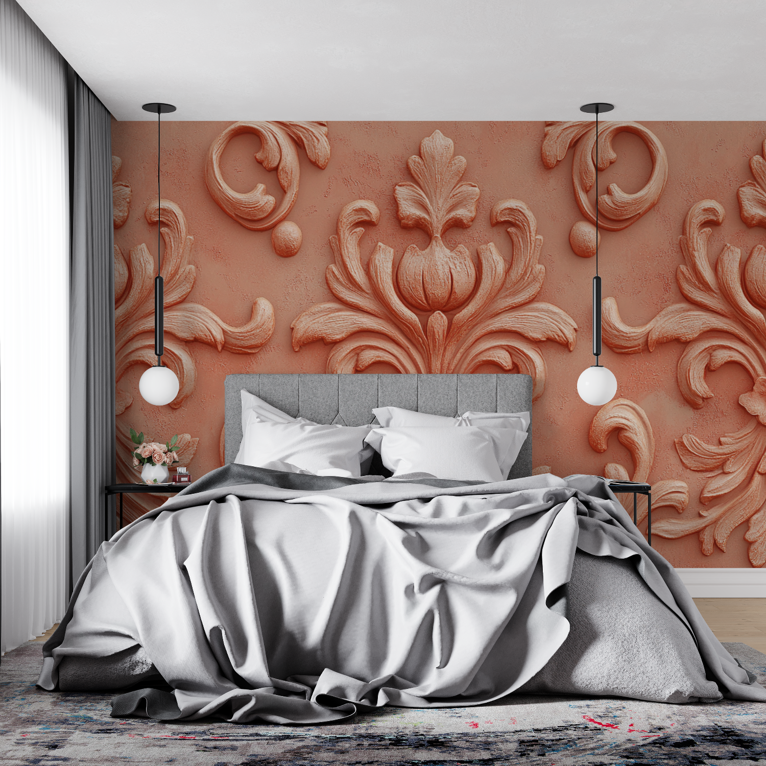 Terracotta Wallpaper with Baroque Swirls | Murals Wallpaper