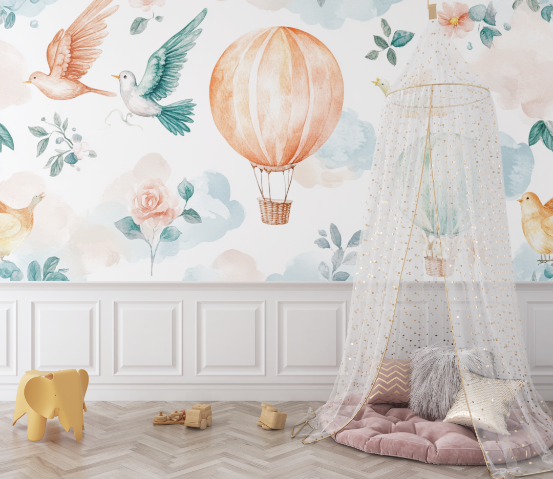 Hot Air Balloon and Exotic Birds Wallpaper | Murals Wallpaper