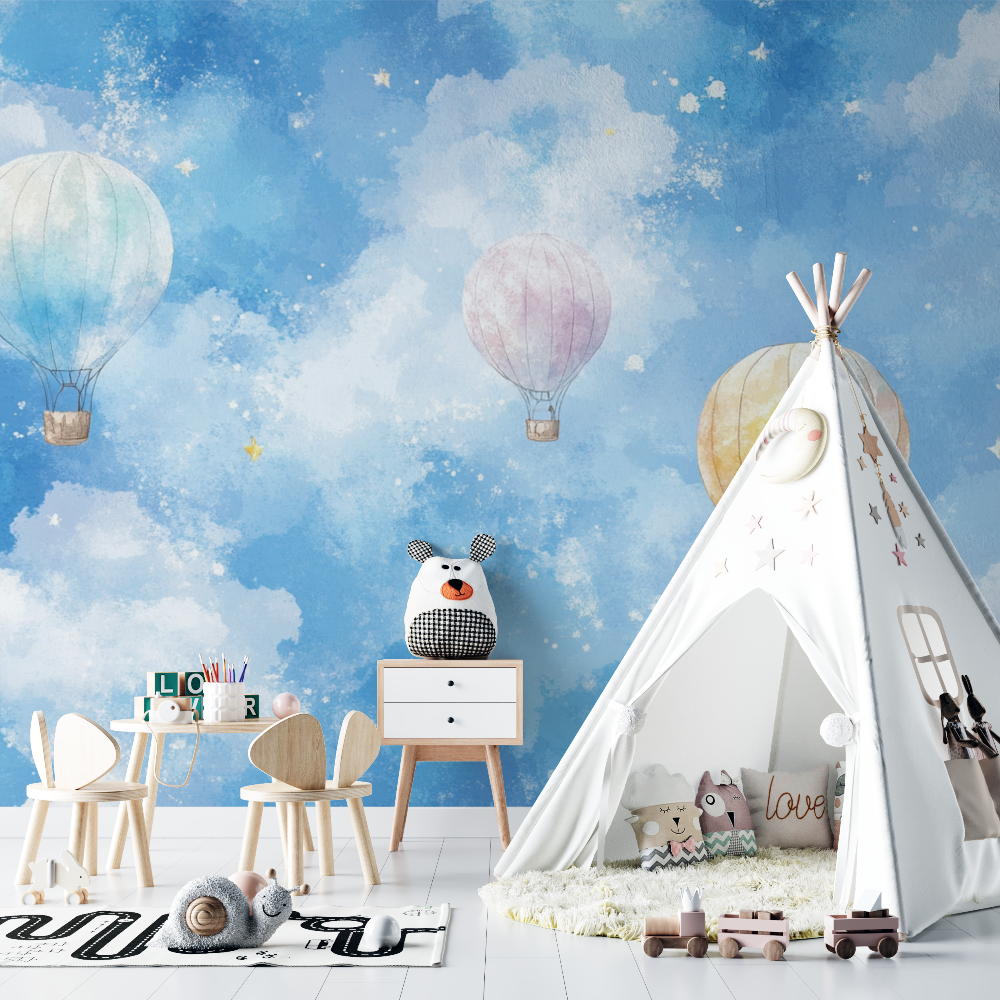 Heißluftballon und silberne Sterne Tapete | Wandbilder Tapete