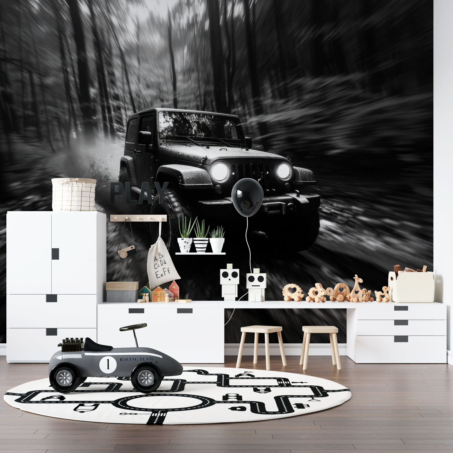 Schwarz-Weiß-Autofototapete | Wandbildtapete