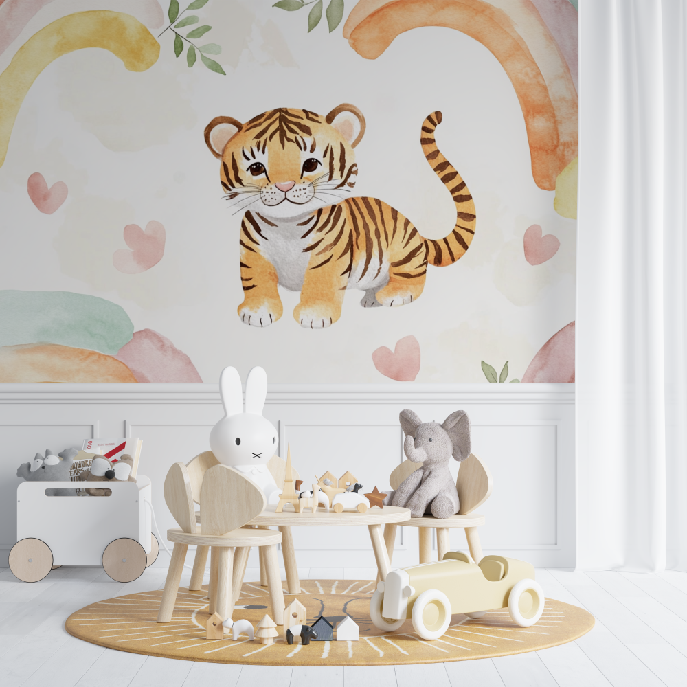 Pastellfarbene Tiger- und Regenbogentapete | Wandbildtapete