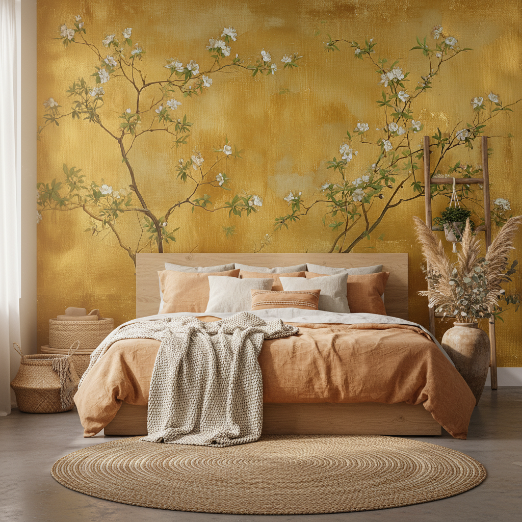 Gold Chinoiserie Blossom Branches Mural Wallpaper