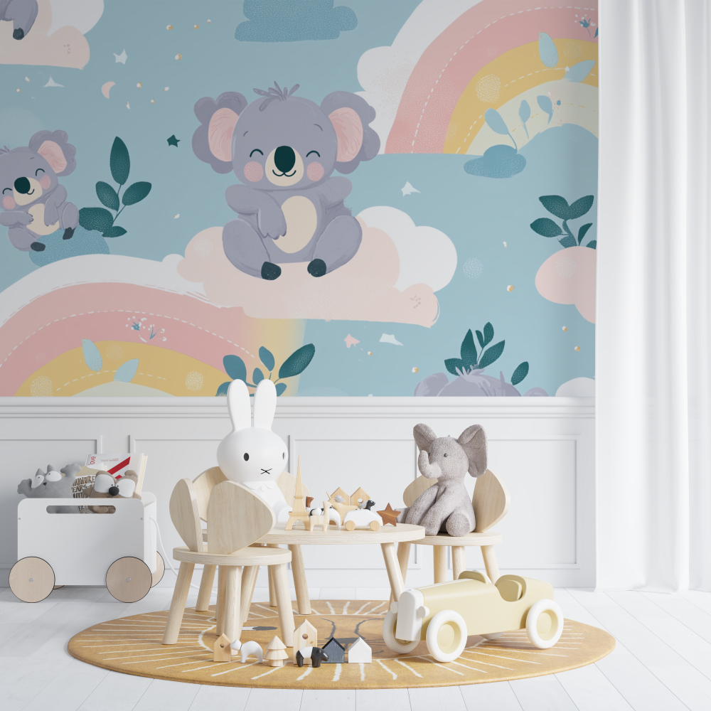 Pastellfarbene, bogenförmige Tapete mit sitzendem Koala | Wandbildtapete