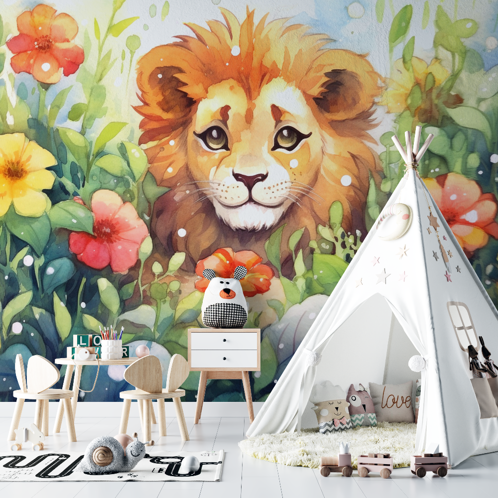 Watercolor Lion and Foliage Wallpaper | Murals Wallpaper