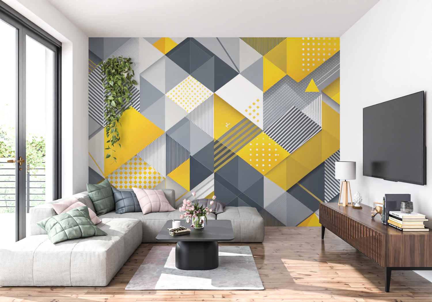 Yellow and Gray Patterned Wallpaper | Murals Wallpaper