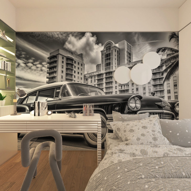 Black and White Vintage Miami Car Wallpaper | Murals Wallpaper