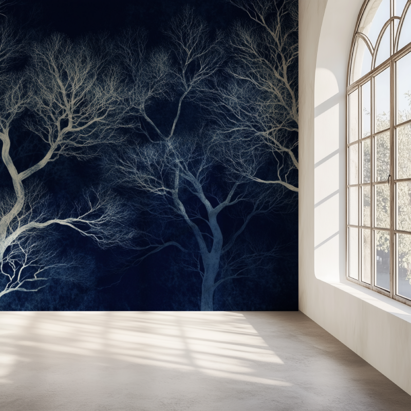 Nachtaktive weiße Baum-Tapete | Murals Wallpaper