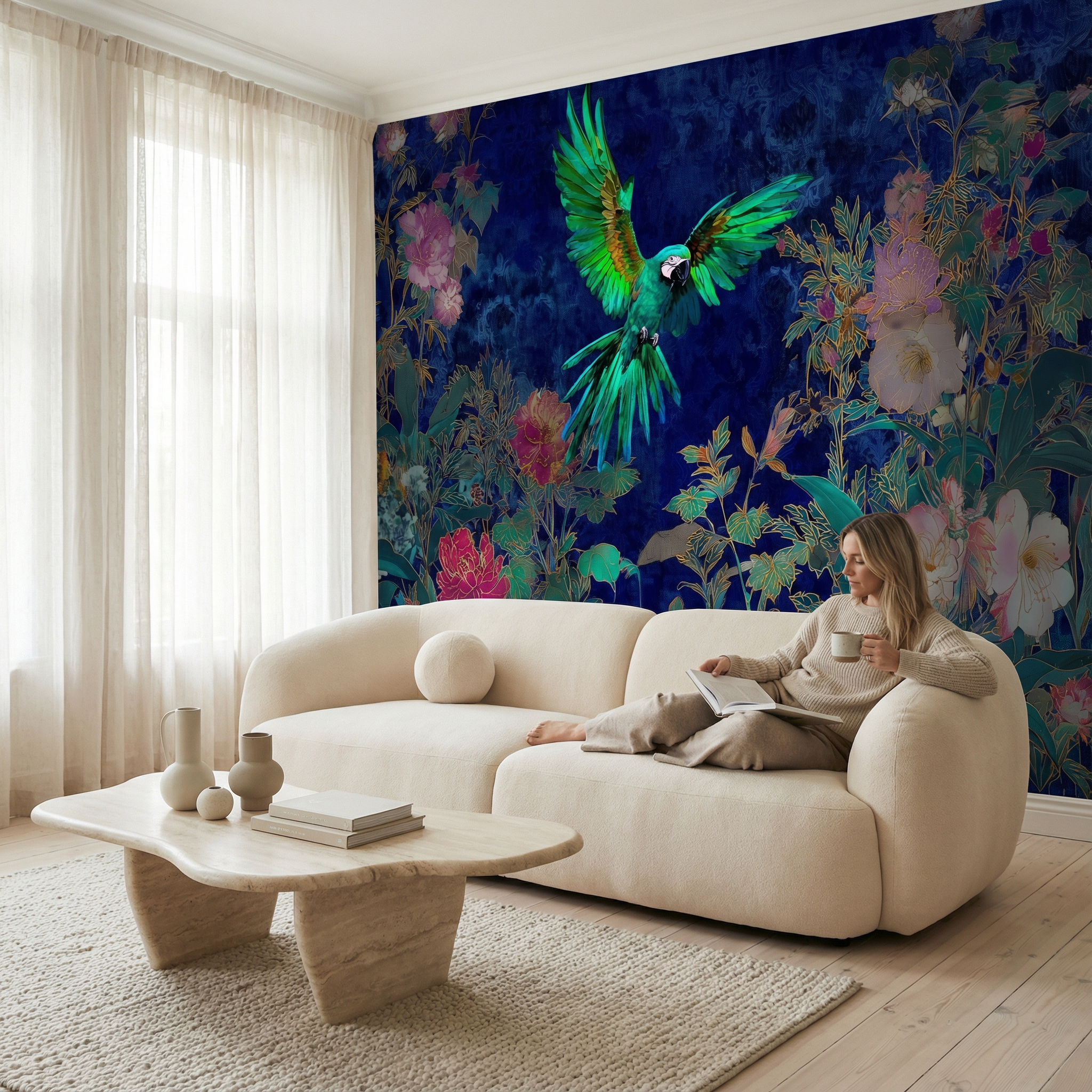 Vibrant Parrot and Floral Garden Mural Wallpaper