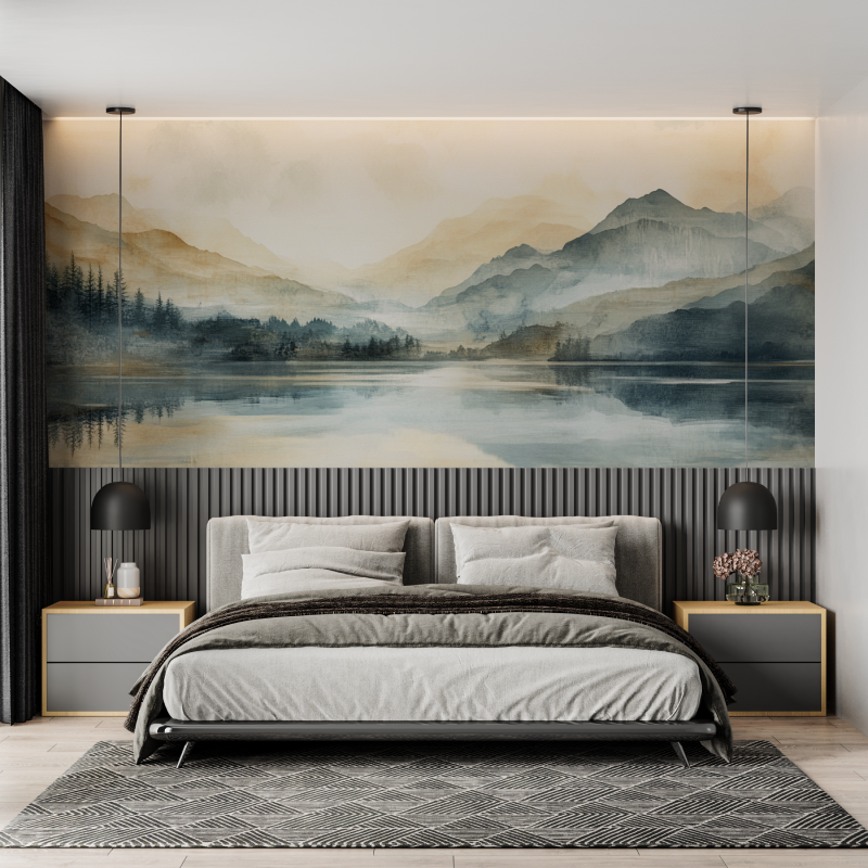 Mural Watercolor Wallpaper Lakeside Landscape