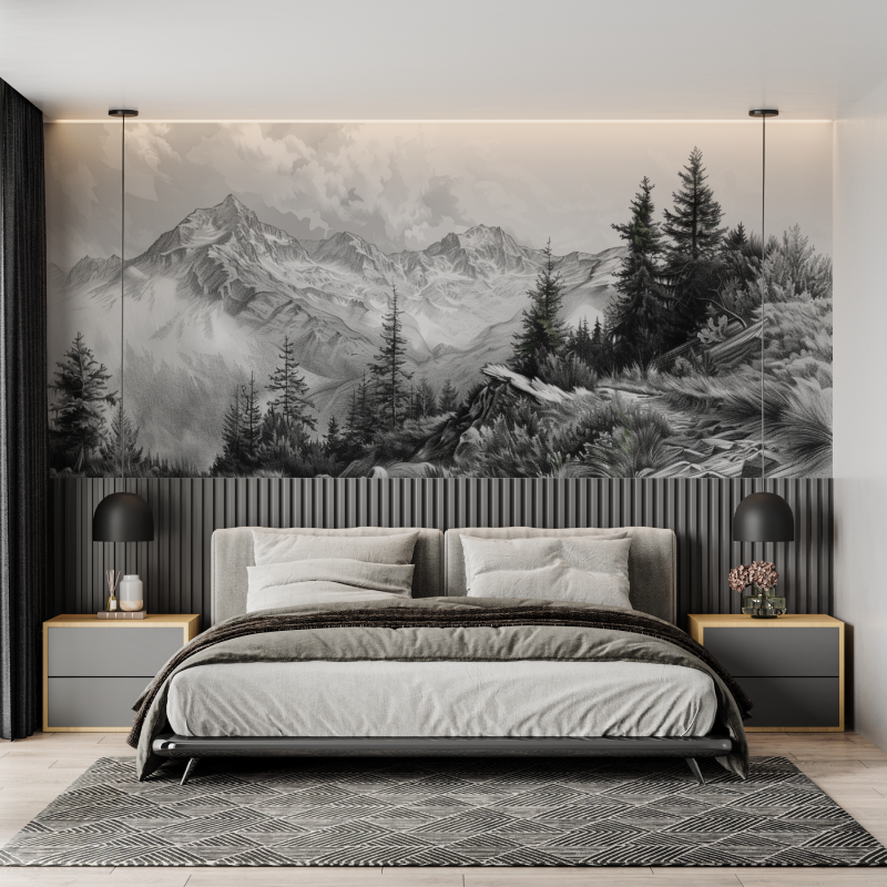 French Black and White Alps Mural Wallpaper