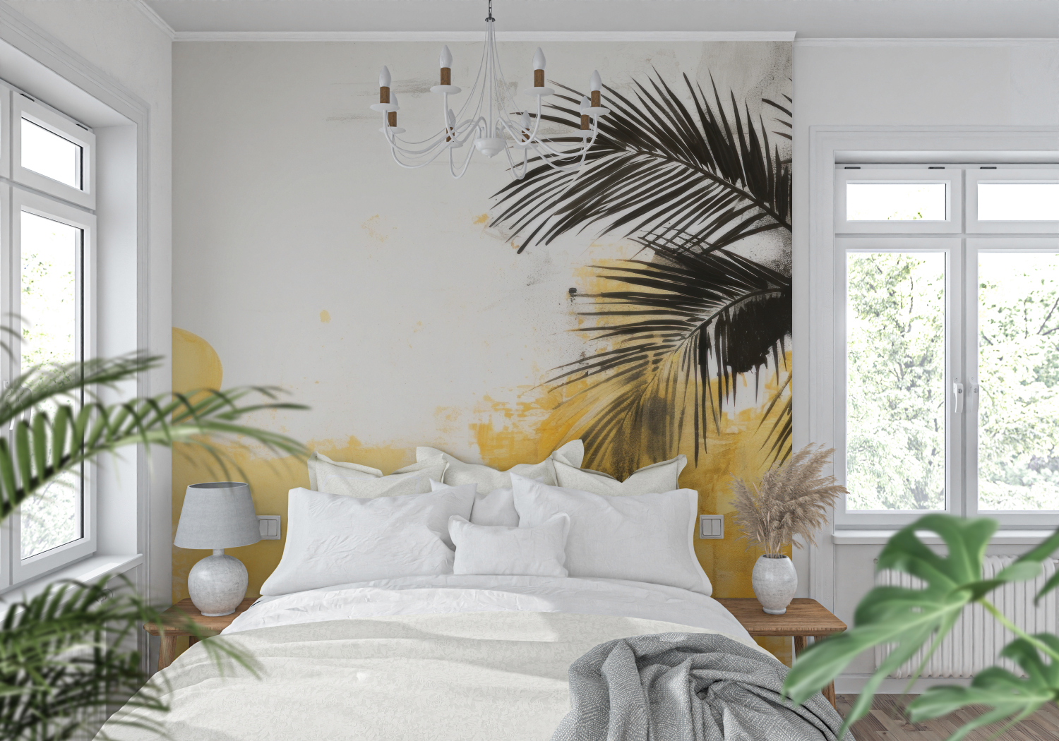 Gelbe und graue tropische Tapete | Wandbilder Tapete