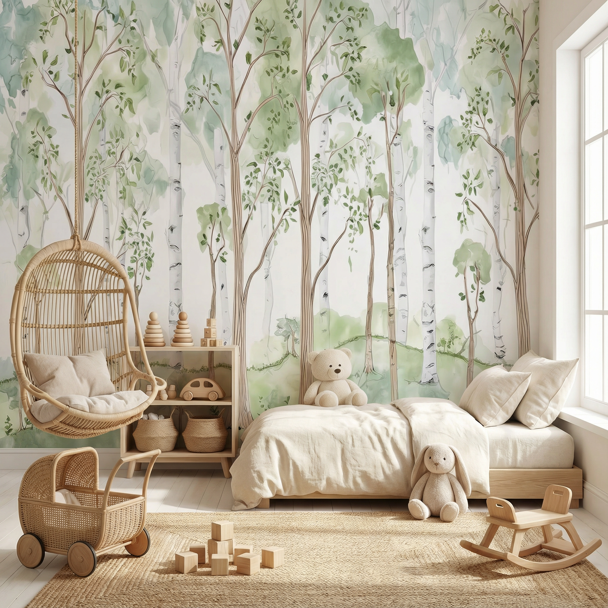 Soft Watercolor Birch Forest Mural Wallpaper