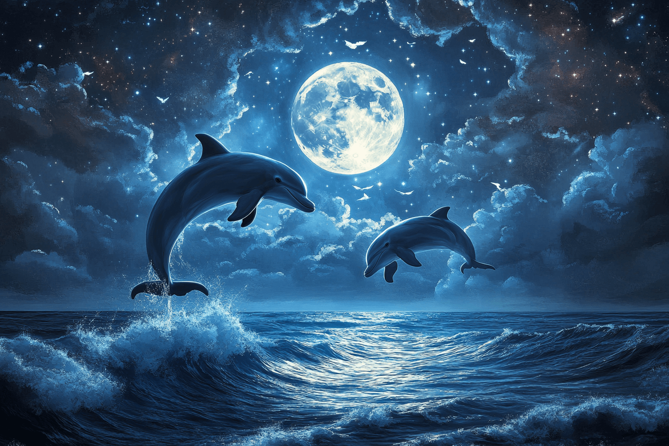 Marine Wallpaper with Dolphins and Shining Moon | Murals Wallpaper