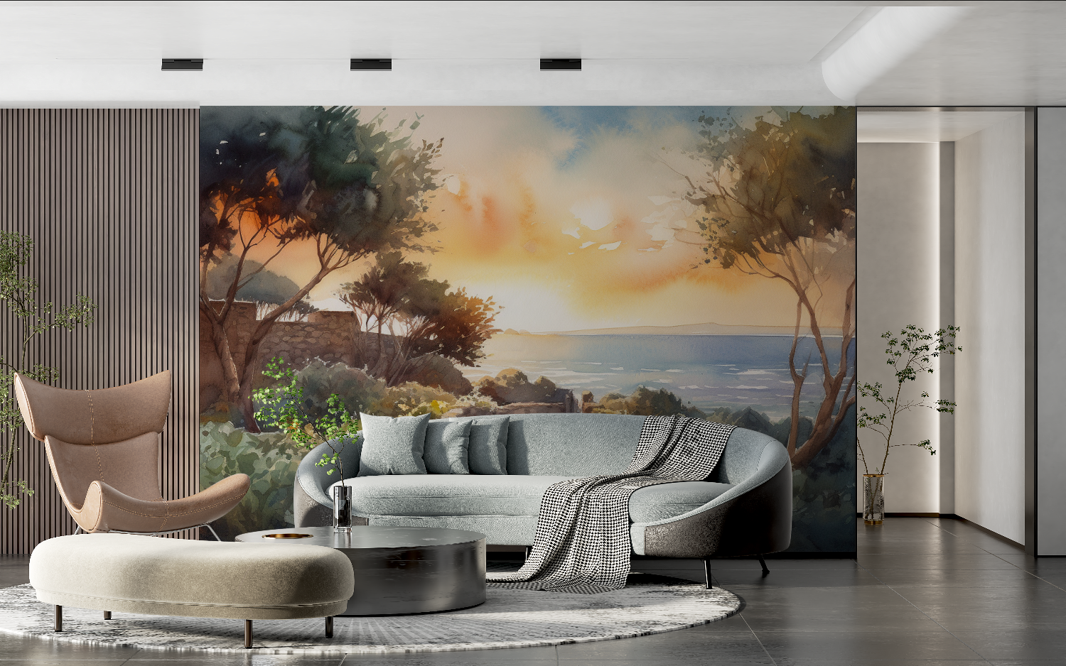 Papel de parede de aguarela Paisagem mediterrânica Pôr do sol | Murais Papel de parede
