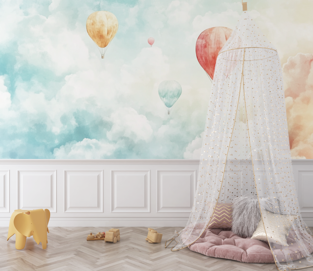 Heißluftballon und Wolken Baumwolltapete | Wandbilder Tapete