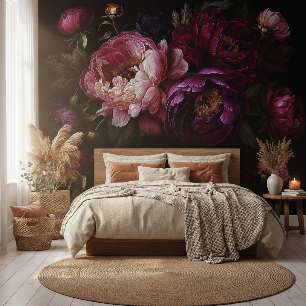 Dark Vintage Peony Floral Mural Wallpaper
