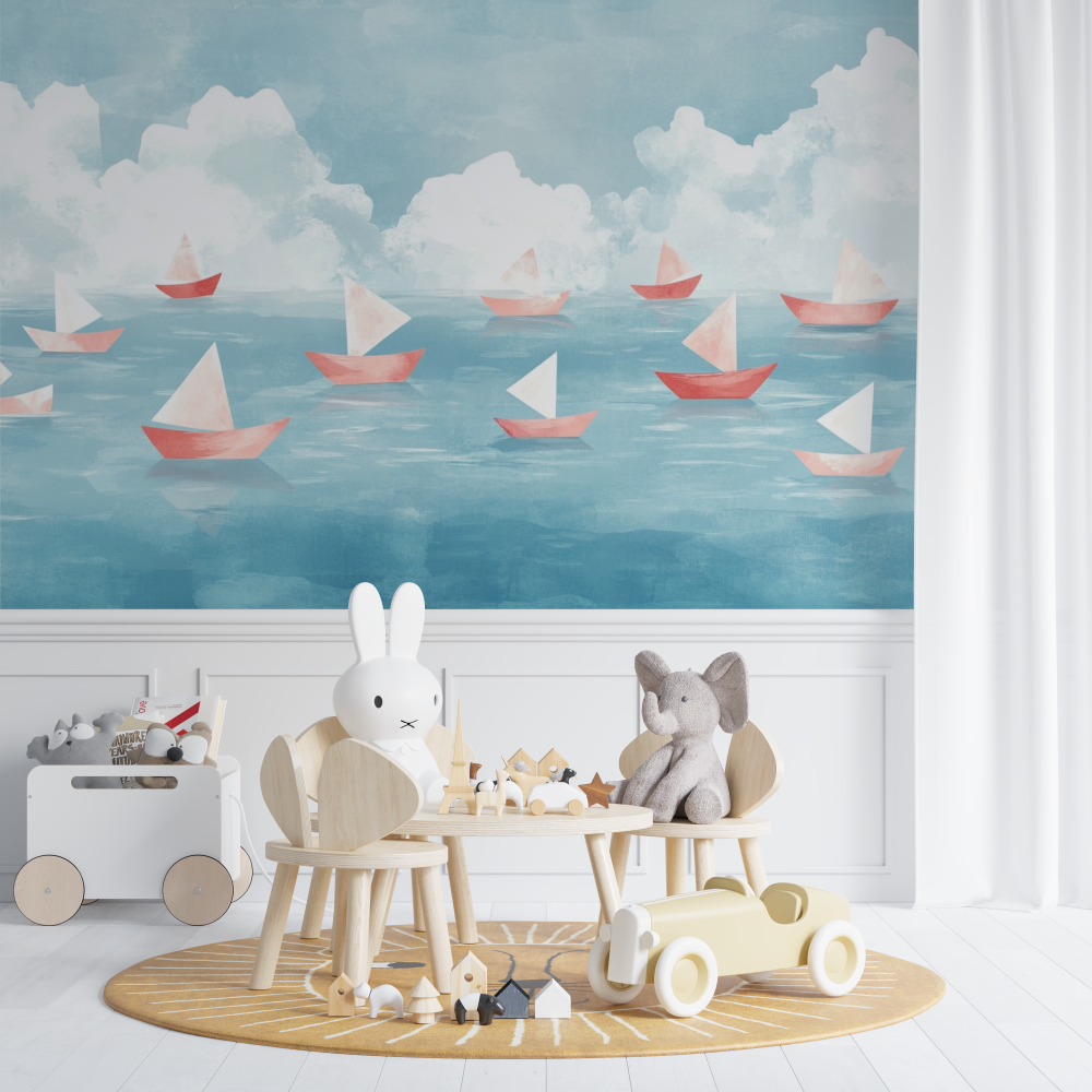 Marine Wallpaper with Soft Paper Boats and Ocean | Murals Wallpaper