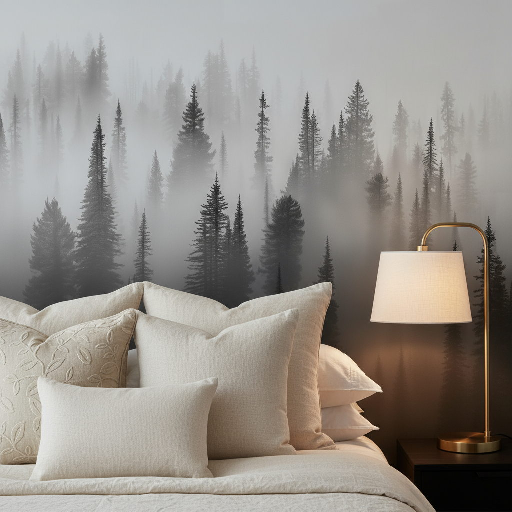Black and White Misty Pine Forest Mural Wallpaper