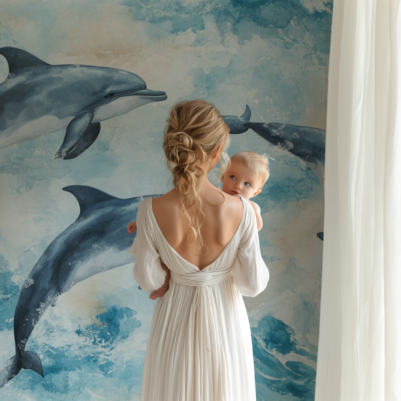 Happy Dolphin Watercolor Marine Wallpaper | Murals Wallpaper