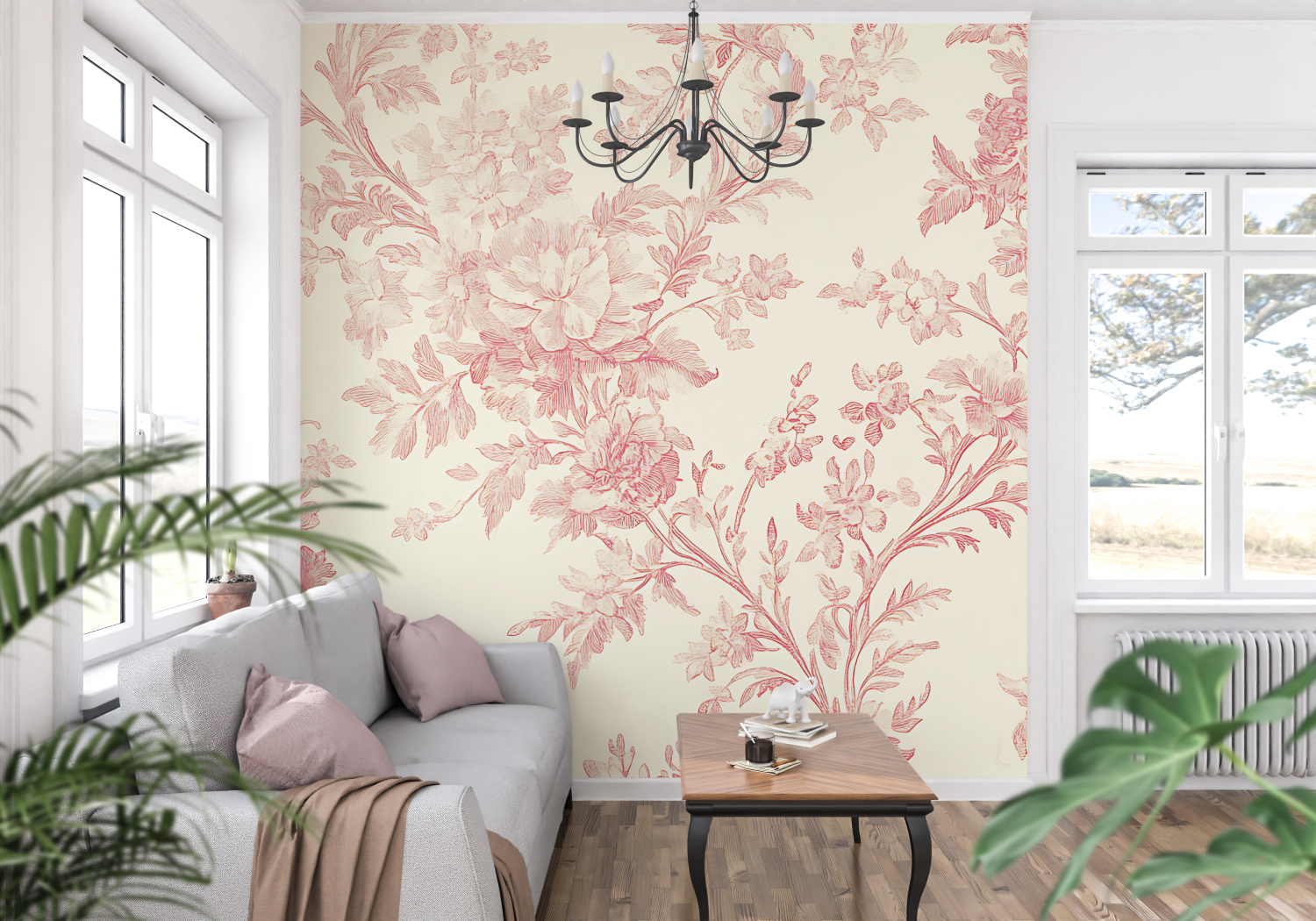 Toile de Jouy Red Floral Wallpaper | Murals Wallpaper