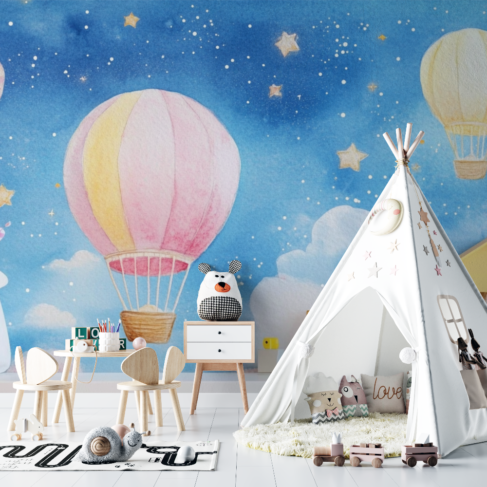 Hot Air Balloon and Twinkling Stars Wallpaper | Murals Wallpaper