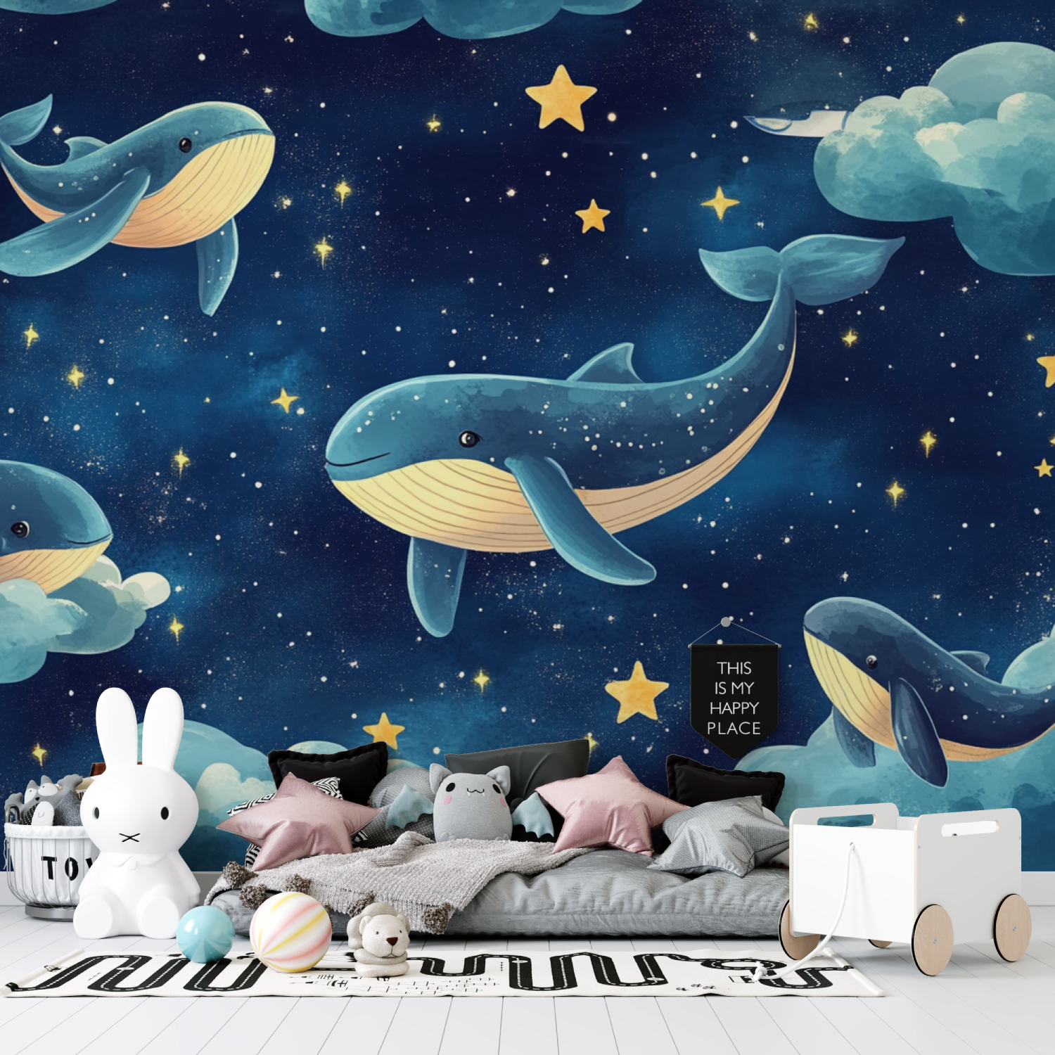 Cute Marine Blue Cloud Animal Wallpaper | Murals Wallpaper
