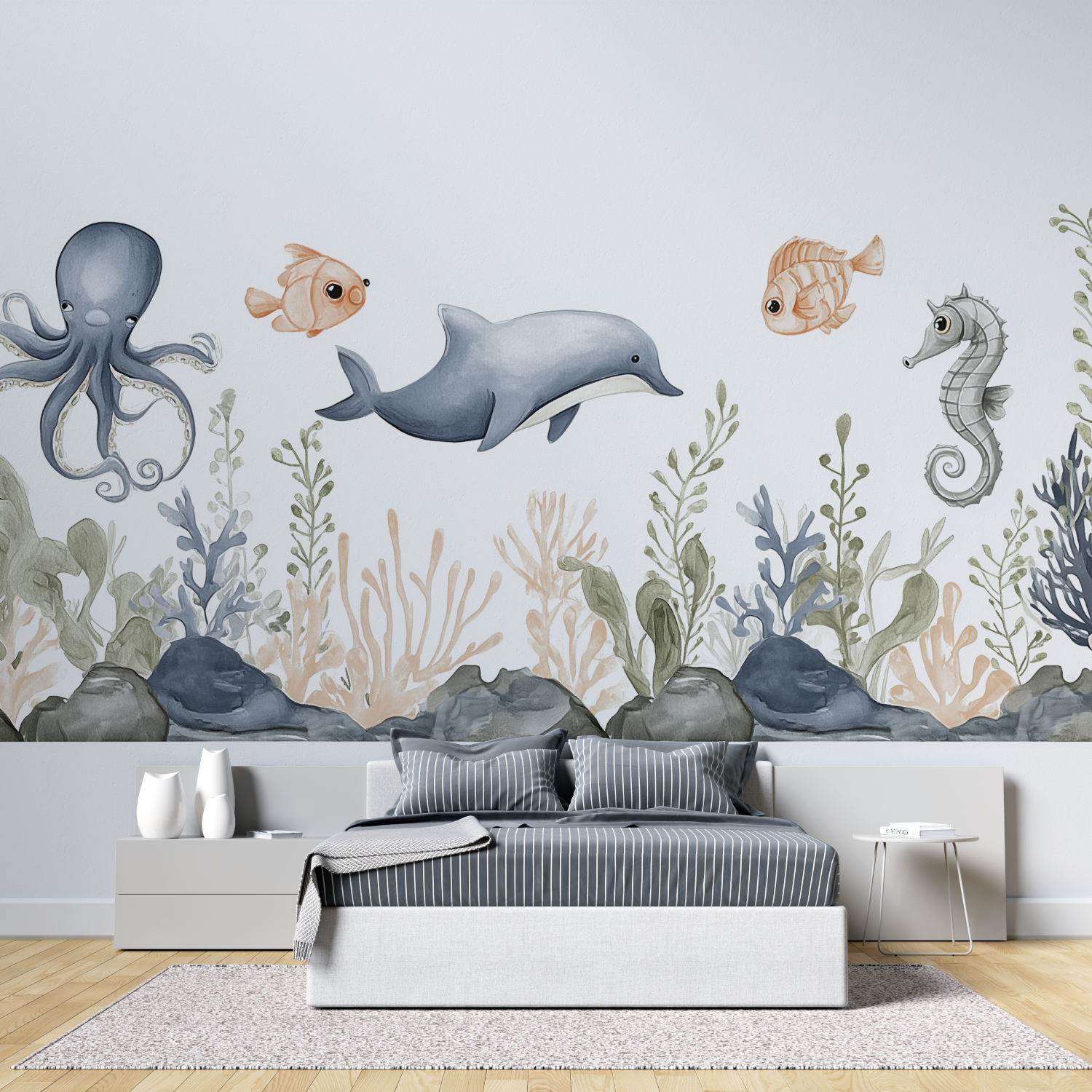 Watercolor see animals for kids mural wallpaper tete de lit