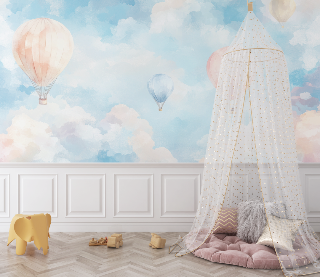 Watercolor Hot Air Balloon and Clouds Wallpaper | Murals Wallpaper