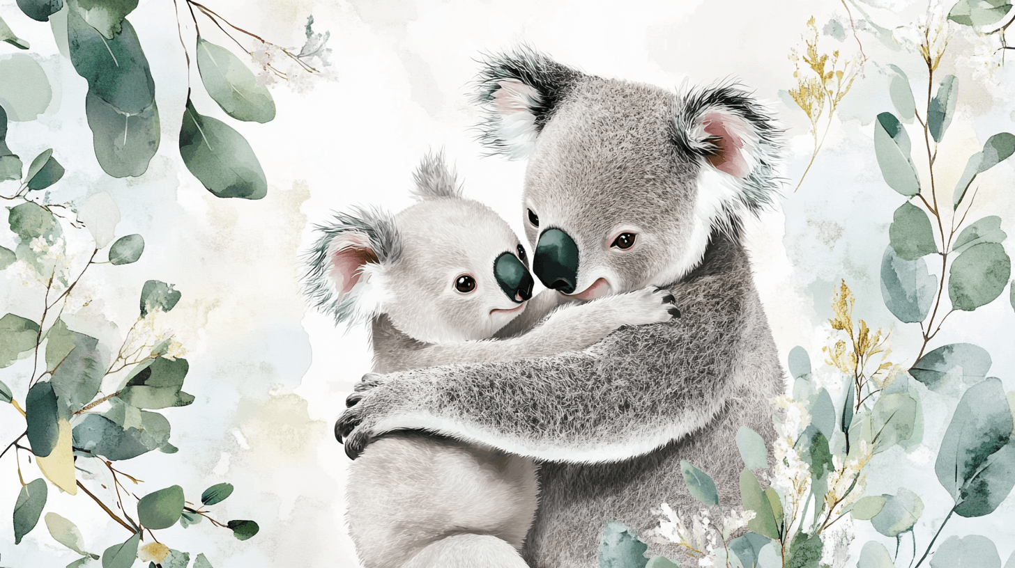 Koala Wallpaper Cuddled Against Its Mom | Murals Wallpaper