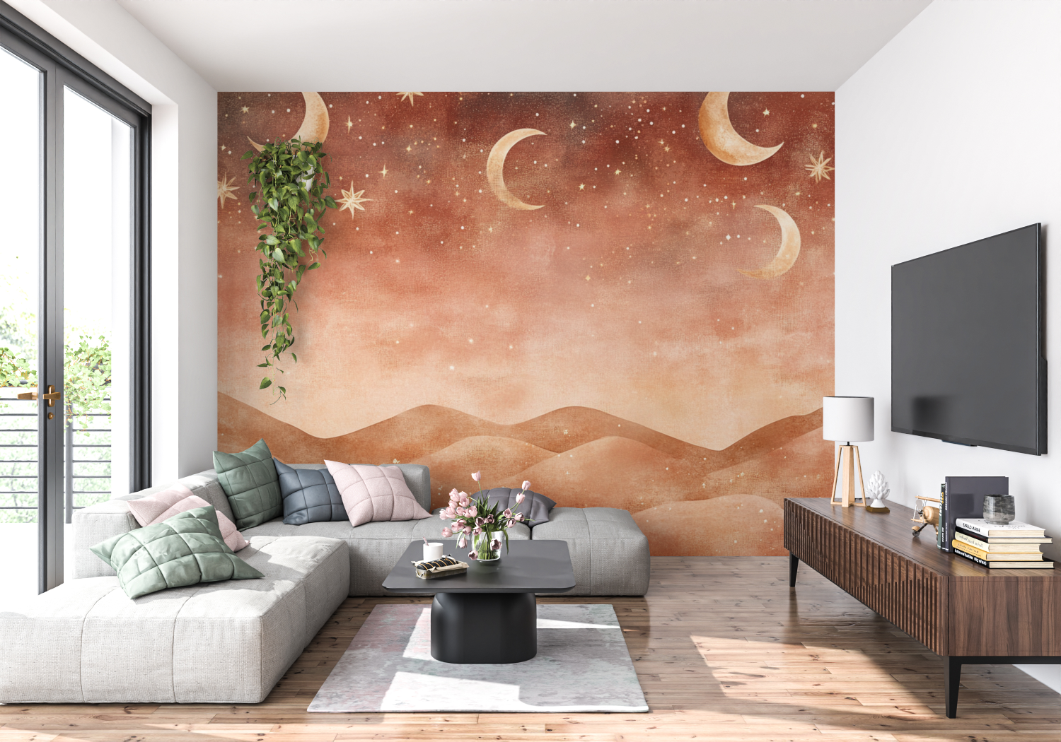 Terracotta Wallpaper with Moons and Stars | Murals Wallpaper