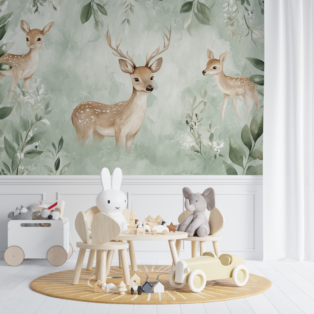 Hellgrüne Tapete mit Hirschmotiv | Wandtapete