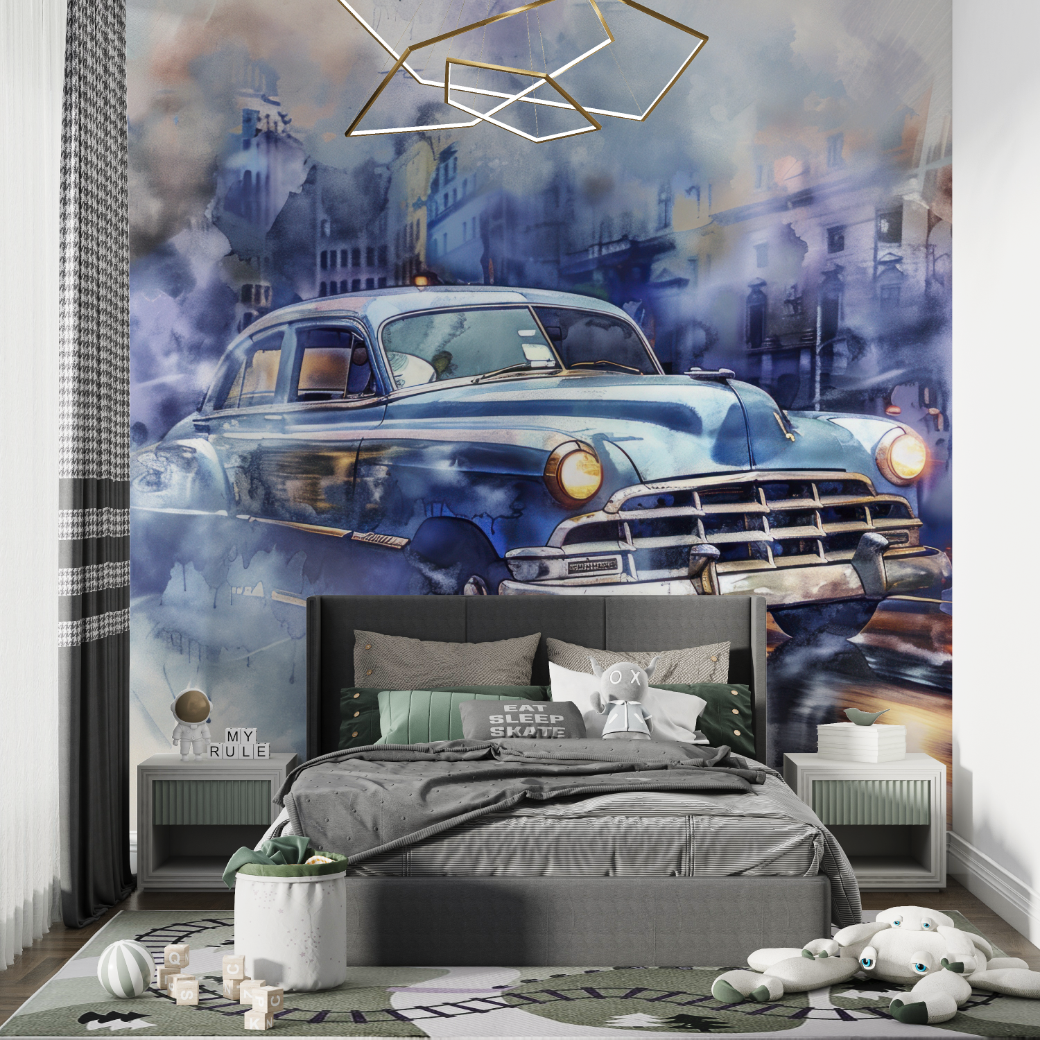 Cuban Car Blue Watercolor Wallpaper | Murals Wallpaper