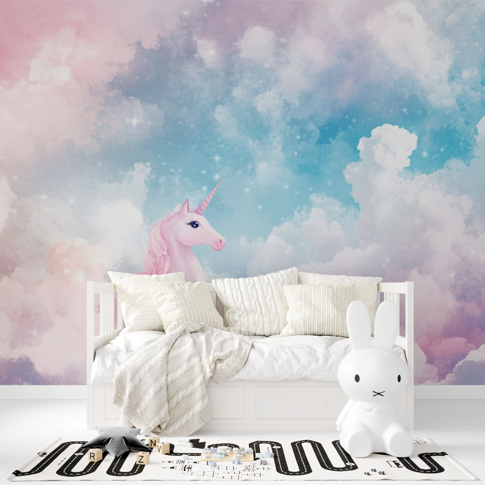 Einhorn Wolke Fantasie Tapete für Kinderzimmer | Wandbilder Tapete