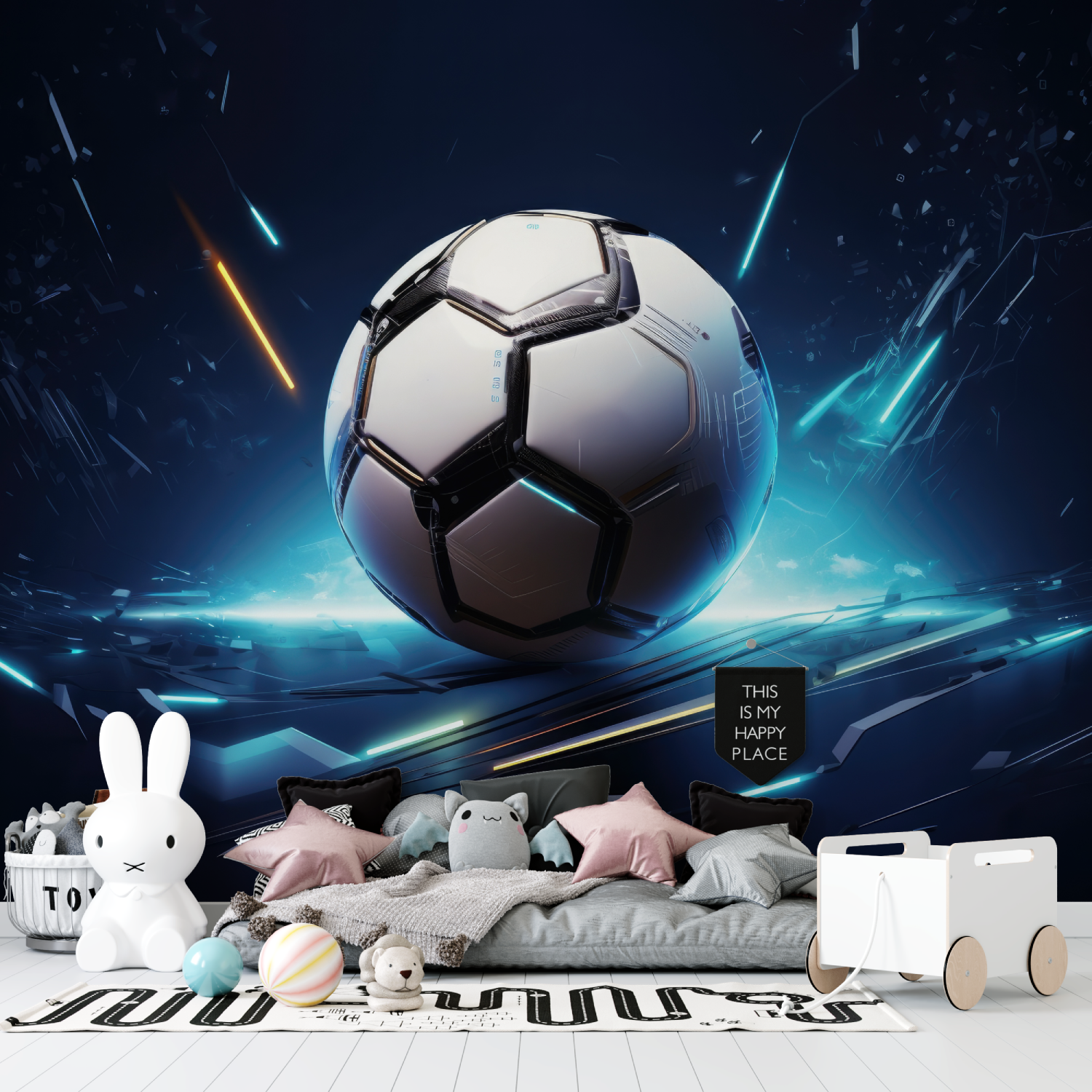 3D-Tapete mit blauem Fußball | Wandbilder