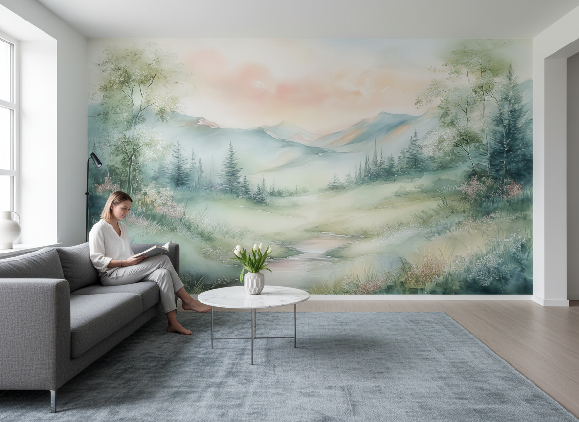Pastel Dreamy Valley Landscape Mural Wallpaper