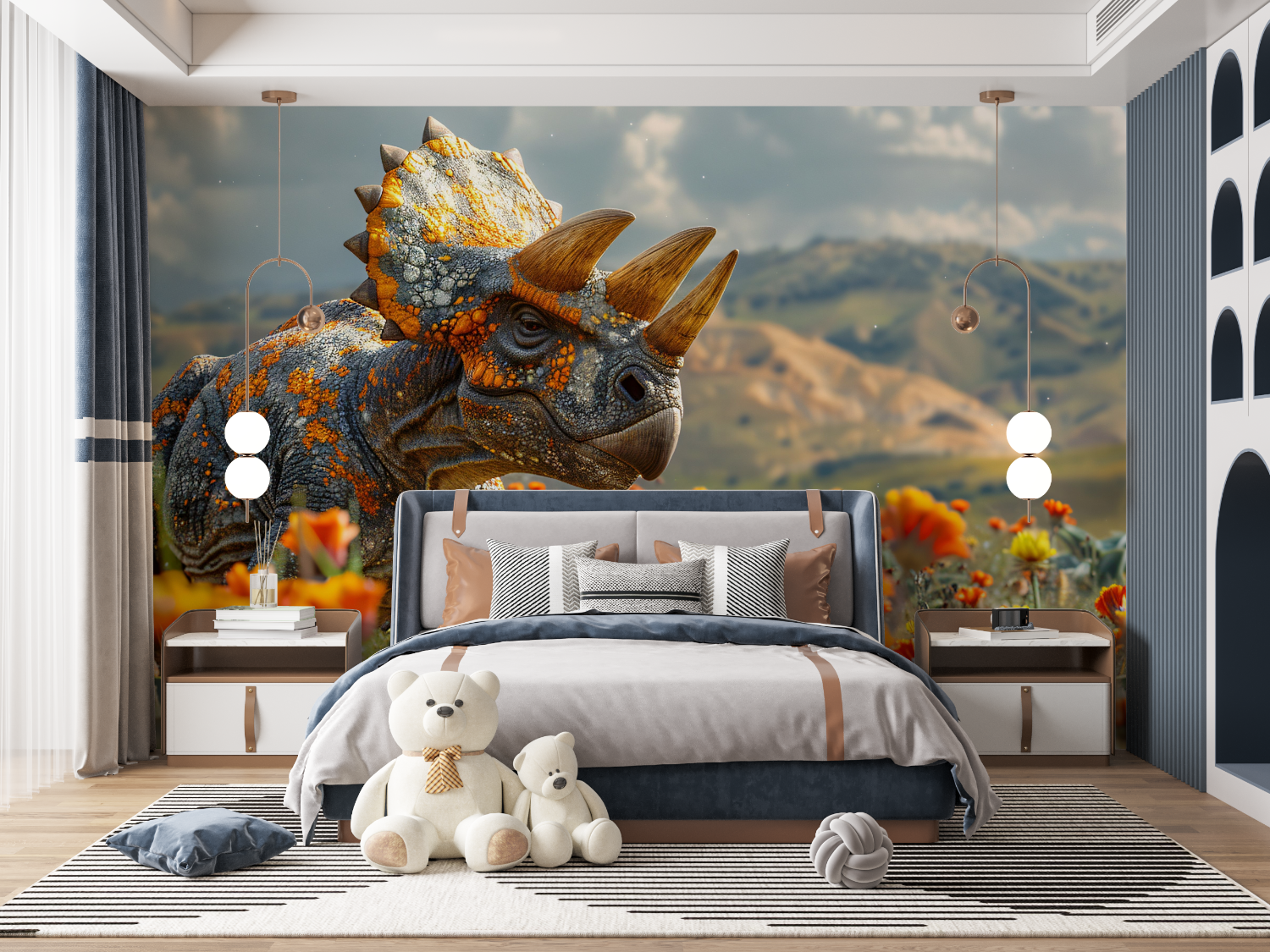 Orangefarbene Dinosaurier-Tapete | Wandbildtapete