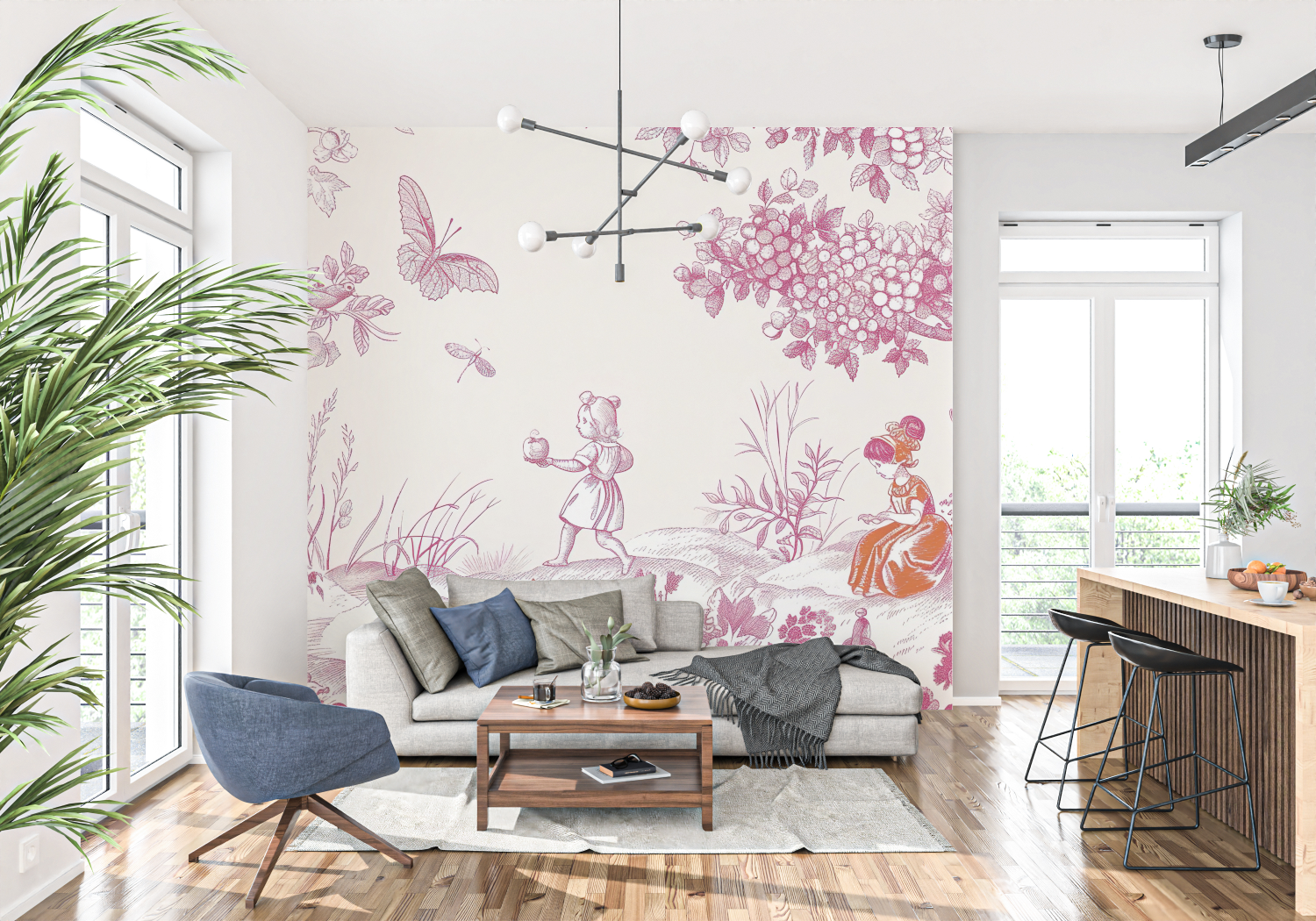 Rosa Toile-Tapete für Kinder | Wandtapete