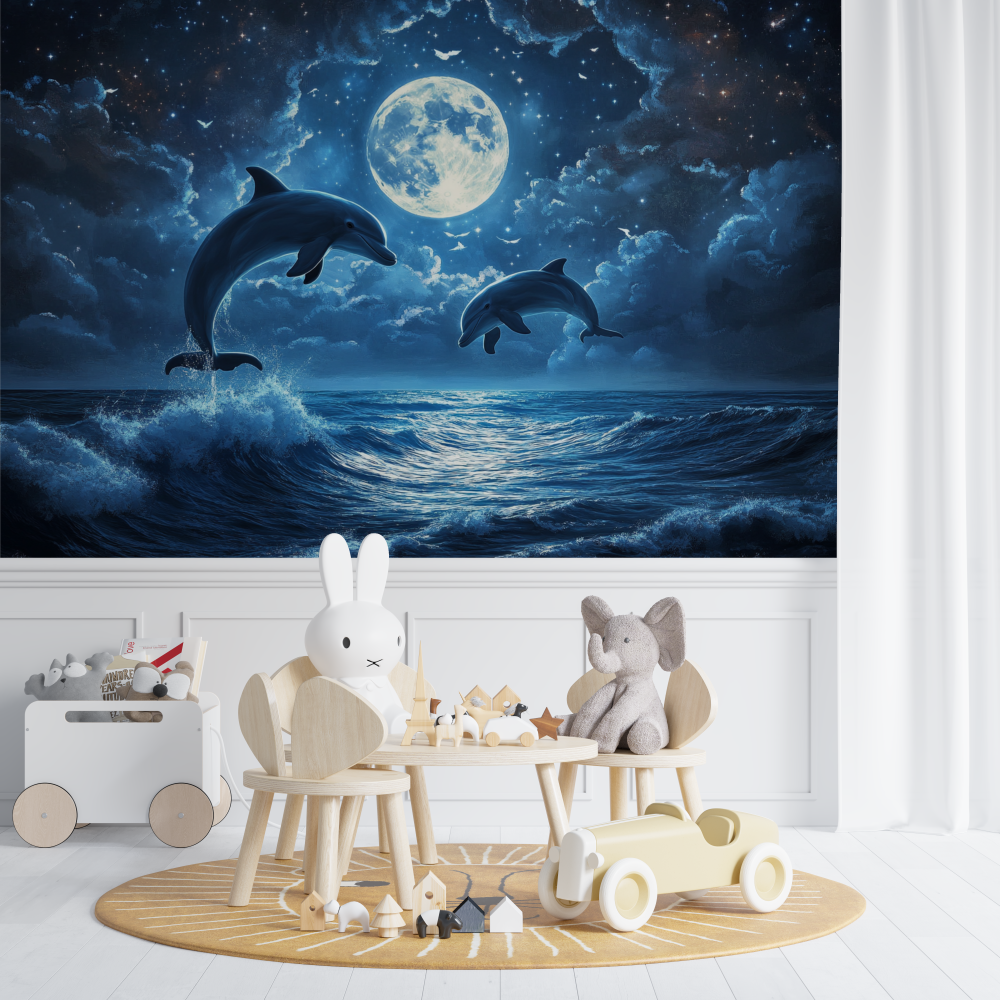 Marine Wallpaper with Dolphins and Shining Moon | Murals Wallpaper