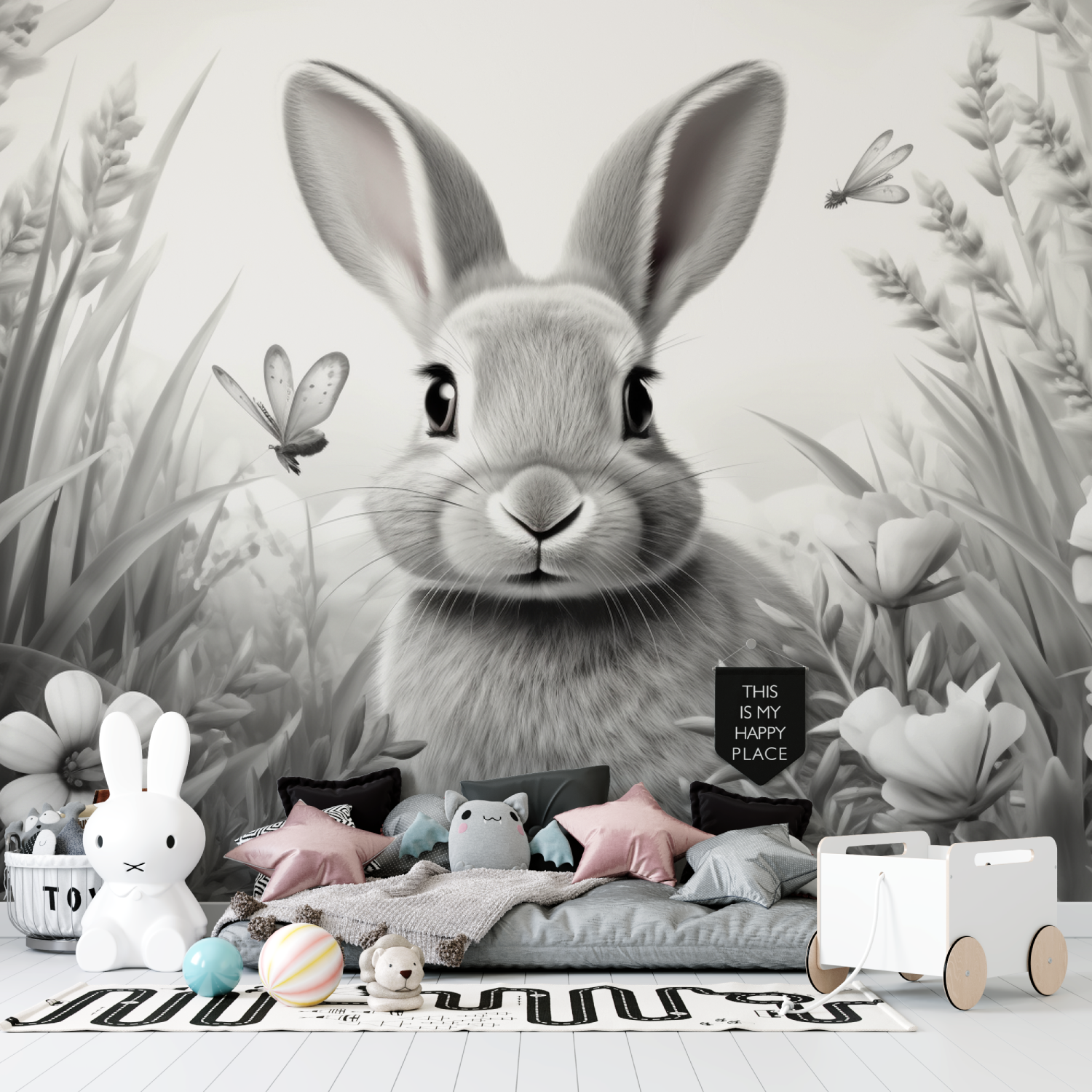 Schwarz-weiße Hasentapete für Kinder | Wandtapete