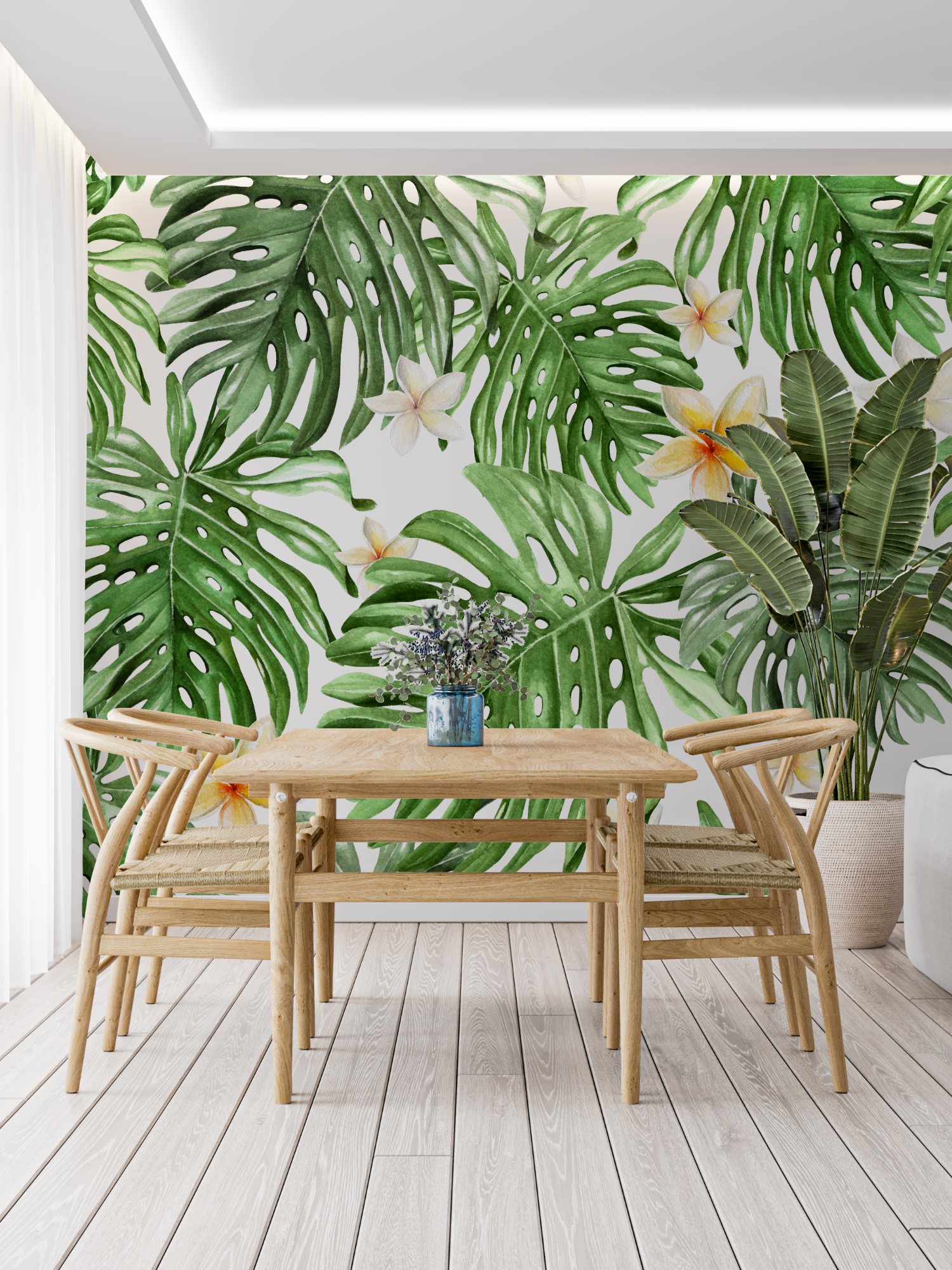 Papier Peint Feuillage Vert Et Blanc – Trompe l'oeil